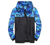Generisch Plumón para hombre estampado patchwork capucha cordón manga larga cremallera abrigo al aire libre suelto impermeable cortavientos caminando hombre, azul, XL
