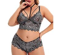 Generisch Plus Size Lencería V-cuello alto encaje floral sujetador bragas conjunto 2 piezas sin aros, gris, XL