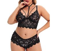 Generisch Plus Size Lencería V-cuello alto encaje floral sujetador bragas conjunto 2 piezas sin aros, Negro , L