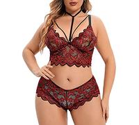 Generisch Plus Size Lencería V-cuello alto encaje floral sujetador bragas conjunto 2 piezas sin aros, Vino, 3XL
