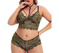Generisch Plus Size Lencería V-cuello alto encaje floral sujetador bragas conjunto 2 piezas sin aros, amarillo, 3XL