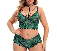 Generisch Plus Size Lencería V-cuello alto encaje floral sujetador bragas conjunto 2 piezas sin aros, verde, L
