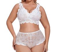 Generisch Plus Size Lencería V-cuello alto encaje floral sujetador bragas conjunto 2 piezas sin aros, Blanco, XL