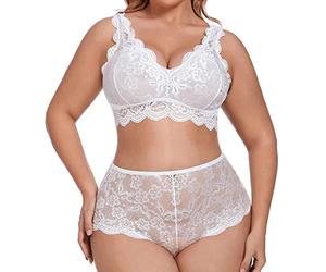 Generisch Plus Size Lencería V-cuello alto encaje floral sujetador bragas conjunto 2 piezas sin aros, Blanco, 4XL