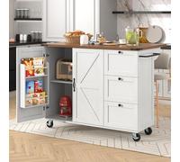 Generisch Práctica isla de cocina con encimera extensible, 2 puertas, 3 cajones y grano de madera, carrito de servicio con ruedas de 360°, optimización del espacio de almacenamiento y diseño plegable