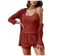 Generisch Precioso pijama de rizo para mujer, de manga larga, con puños, pijama, kimono, bata, pijama, conjunto de pijama, camisón sexy y pantalones cortos, juego de 3 piezas, Pajamas B2-rojo, XL
