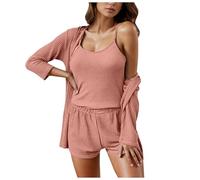 Generisch Precioso pijama de rizo para mujer, de manga larga, con puños, pijama, kimono, bata, pijama, conjunto de pijama, camisón sexy y pantalones cortos, juego de 3 piezas, Pajamas B2-rosa, M