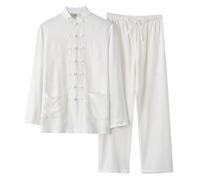 Generisch Primavera y otoño Traje Tang para hombre de algodón y lino estilo chino Traje de manga larga estilo chino Retro Suelto Tai Chi Tops y pantalones para hombre, Blanco, L