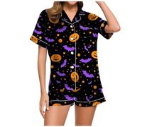 Generisch Pyjama Damen Lustig Shorts-Set mit Halloween-Print für Damen Schwarze Kleider Mit V Ausschnitt (Purple, XL)