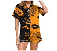 Generisch Pyjama Damen Lustig Shorts-Set mit Halloween-Print für Damen Schwarze Kleider Mit V Ausschnitt (Yellow, M)