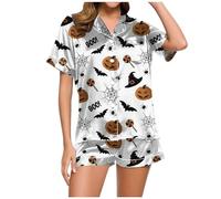 Generisch Pyjama Damen Lustig Shorts-Set mit Halloween-Print für Damen Schwarze Kleider Mit V Ausschnitt (White, M)