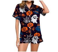 Generisch Pyjama Damen Lustig Shorts-Set mit Halloween-Print für Damen Schwarze Kleider Mit V Ausschnitt (Navy, L)