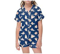 Generisch Pyjama Kinder Weihnachten mit Halloween-Print Knopfkragen, kurzärmelig, Oberteil Shorts Christmas Family Pyjamas (Blue, 2-3 Years)