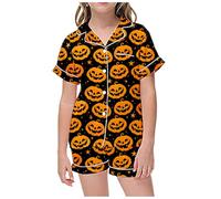 Generisch Pyjama Kinder Weihnachten mit Halloween-Print Knopfkragen, kurzärmelig, Oberteil Shorts Christmas Family Pyjamas (Yellow, 12-13 Years)