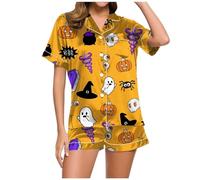Generisch Pyjama Spitze Shorts-Set mit Halloween-Print für Damen Schwarzes Spitzentop (Yellow, XL)