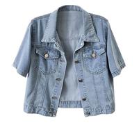 Generisch Rave Abrigo Mujer Mujer Camisa Vaquera Chaqueta de Manga Corta Casual Top con Bolsillos Frontales para el Día a Diario, Traslados Citas Primavera Verano Otoño Abrigo Rojo Invierno, azul