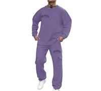 Generisch Regularien Fit Traje de ocio para hombre con estampado de letras, cuello redondo, conjunto de sudaderas, cómodo atuendo de calle para el día a día y camino al oeste, morado, 3XL