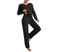 Generisch Ribbed Sets for Women Pullover V Neck Long Sleeve Matching Comfy Long Pants Outfits Pyjama Set Damen mit Morgenmantel, Negro , XL
