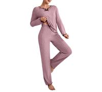 Generisch Ribbed Sets for Women Pullover V Neck Long Sleeve Matching Comfy Long Pants Outfits Pyjama Set Damen mit Morgenmantel, morado, XL
