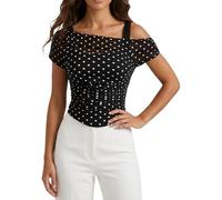 Generisch Rockabilly Tops Y2k Polka Dot Tshirt One Shoulder Tank Top Cómodo Sexy Top Slim Fit Blusa de Malla Blusa Verano Transpirable Tops Casual Blusa, gris oscuro, XL