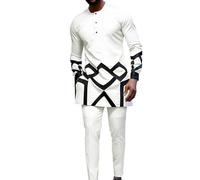 Generisch Ropa africana para hombre túnica kurta traje deportivo indio yoga traje vestido conjunto tradicional dashiki traje de moda étnico estampado traje formal traje, Blanco, XL