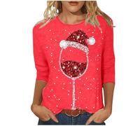 Generisch Ropa de color neón Copa de vino tinto, estampado, cuello redondo, manga tres cuartos, camiseta casual para correr para mujer, manga larga, invierno, rojo, M