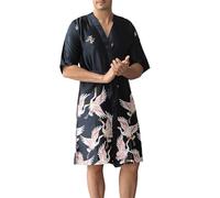 Generisch Ropa de dormir de verano de longitud media, bata de seda estampada, bata para padrino, pijama para hombre, pijama de una pieza, Negro , 3XL