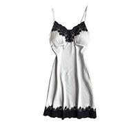 Generisch Ropa de dormir sexy de satén para mujer, vestido corto de noche, cuello en V, encaje, lencería sexy, ropa interior suelta, vestido corto básico con ropa de dormir acolchada, plata, M