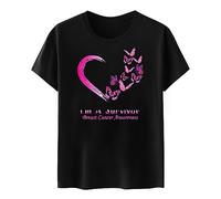 Generisch Rosa Corazón Mariposa Cáncer de Pecho Conciencia Cuello Redondo Mujer Manga Corta Camisa de Franela Cremallera, Negro , L