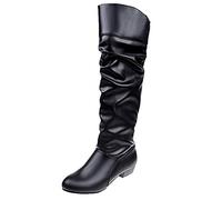 Generisch Runde Stiefel Ausrutscher Absatz Frauen Farbe solide Stiefel High Schuhe kniehohe Zehen Damenstiefel Damen Schwarz Flach, Negro , 43 EU