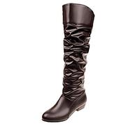 Generisch Runde Stiefel Ausrutscher Absatz Frauen Farbe solide Stiefel High Schuhe kniehohe Zehen Damenstiefel Damen Schwarz Flach, marrón, 41 EU
