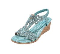 Generisch Sandalias de cuña para mujer, brillantes decoradas con aplicaciones de estrás, cómodas sandalias de tiras con correa elástica en el talón, elegantes zapatos de verano bohemios para el día a