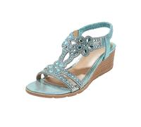Generisch Sandalias de cuña para mujer, brillantes decoradas con aplicaciones de estrás, cómodas sandalias de tiras con correa elástica en el talón, elegantes zapatos de verano bohemios para el día a