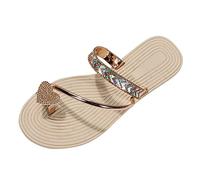 Generisch , sandalias de playa de color sólido, brillante, amor, diamantes de imitación, cubierta, paja del dedo del pie, tejida, piso plano, sandalias de playa, dorado, 38 EU