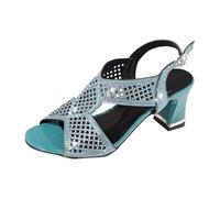 Generisch Sandalias de tacón con correa para el tobillo con diamantes de imitación para mujer, sandalias de tacón de bloque con correa para el tobillo con detalles brillantes y plantilla cómoda, azul