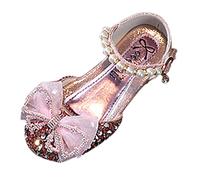 Generisch Sandalias de verano de moda para niñas con lentejuelas adorno de cuentas zapatos de baile planos malla con hebilla de lazo decorativo, Rosa., 35 EU