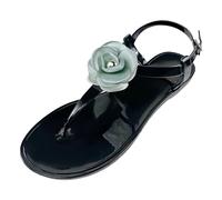 Generisch Sandalias de verano para mujer, perlas y flores, cristal, jalea, dedo del pie, playa, tallas grandes, planas, transparentes, Negro , 42 EU