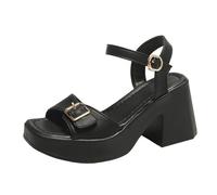 Generisch Sandalias de verano para mujer, zapatos de correa de cuadro, hebilla de metal, hebilla de punta abierta, sandalias de tacón medio de gran tamaño para mujer, Negro , 39 EU