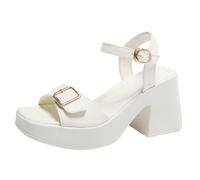 Generisch Sandalias de verano para mujer, zapatos de correa de cuadro, hebilla de metal, hebilla de punta abierta, sandalias de tacón medio de gran tamaño para mujer, Blanco, 42 EU