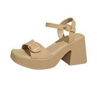 Generisch Sandalias de verano para mujer, zapatos de correa de cuadro, hebilla de metal, hebilla de punta abierta, sandalias de tacón medio de gran tamaño para mujer, beige, 41 EU