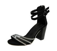 Generisch Sandalias Mujer Verano Sencillo Zapatos romanos para Mujer con Diamantes de imitación Tacón Grueso Tacón Alto Una Correa Hebilla Tirantes Espaguetis Sandalias Grandes Cuadradas, Negro , 40