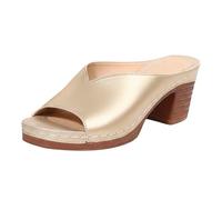 Generisch Sandalias para mujer con tacón, sandalias de verano elegantes para mujer, sandalias de verano con punta abierta, sandalias con tacón de bloque, zapatillas de un solo color, dorado, 38 EU