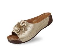 Generisch Sandalias para mujer Elegantes zapatillas de mujer con puntera abierta y tacón de cuña, parte superior de cuero y estampado floral son zapatos cómodos con temperamento, dorado, 40 EU