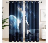 Generisch Sci-Fi - Cortinas opacas con ojales 3D, luna, astronauta, vista trasera, térmicas, para salón, dormitorio, juego de 2 unidades, 225 x 140 cm, color azul