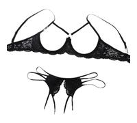 Generisch Seductor conjunto de lencería de encaje con bralette transparente tanga tanga y elegante bata de noche para momentos especiales, Negro , XL