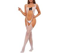 Generisch ¡Seguro! Aquí hay un título de producto a juego que cumple con las pautas: "Conjunto de lencería para mujer, body con entrepierna abierta y medias de malla, atuendo elegante", Blanco, talla