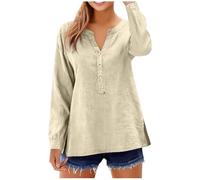 Generisch Sencilla blusa de manga larga para mujer, tejido de mezcla de lino suave y transpirable con cuello en V, diseño monocolor para una óptima vida cotidiana y ocupación, ideal para actividades