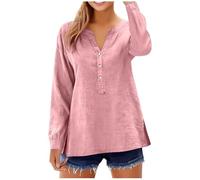 Generisch Sencilla blusa de manga larga para mujer, tejido de mezcla de lino suave y transpirable con cuello en V, diseño monocolor para una óptima vida cotidiana y ocupación, ideal para actividades