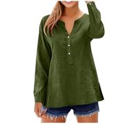 Generisch Sencilla blusa de manga larga para mujer, tejido de mezcla de lino suave y transpirable con cuello en V, diseño monocolor para una óptima vida cotidiana y ocupación, ideal para actividades
