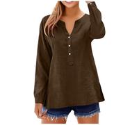 Generisch Sencilla blusa de manga larga para mujer, tejido de mezcla de lino suave y transpirable con cuello en V, diseño monocolor para una óptima vida cotidiana y ocupación, ideal para actividades
